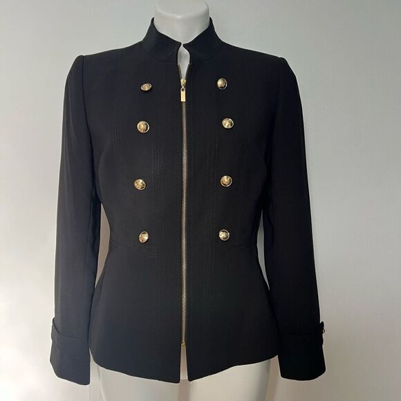 Tahari Arthur Levine Black Military style gold button blazer jacket - Picture 1 of 12